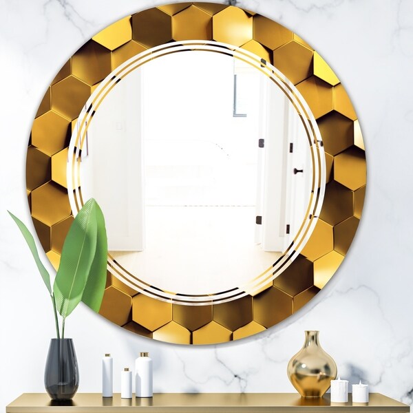 Designart 'Golden Honeycomb Wall Texture' Modern Round or Oval Wall Mirror - Triple C