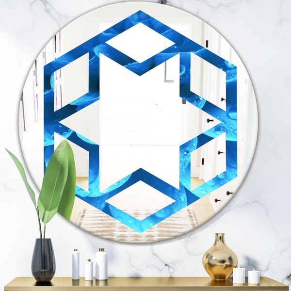 Designart 'Large Light Blue Flower and Petals' Modern Round or Oval Wall Mirror - Hexagon Star