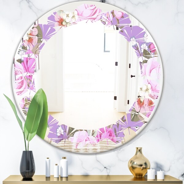 Designart 'pattern with country roses' Modern Round or Oval Wall Mirror - Leaves