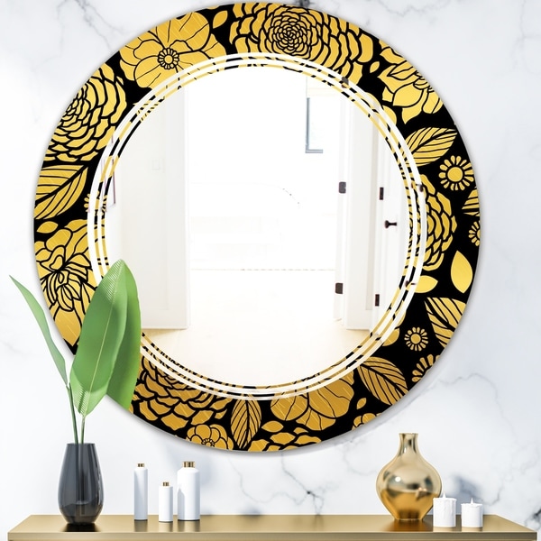 Designart 'Golden Floral II' Modern Round or Oval Wall Mirror - Triple C