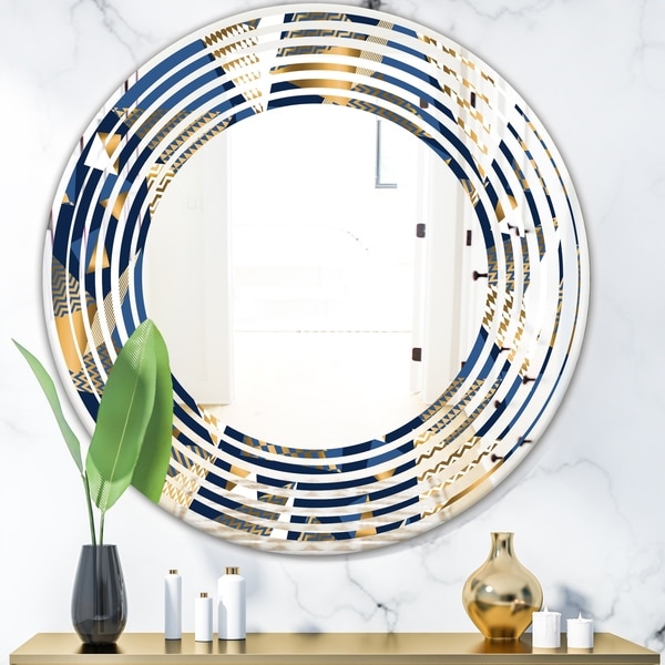 Designart 'Gold and Blue Cubes' Modern Round or Oval Wall Mirror - Wave