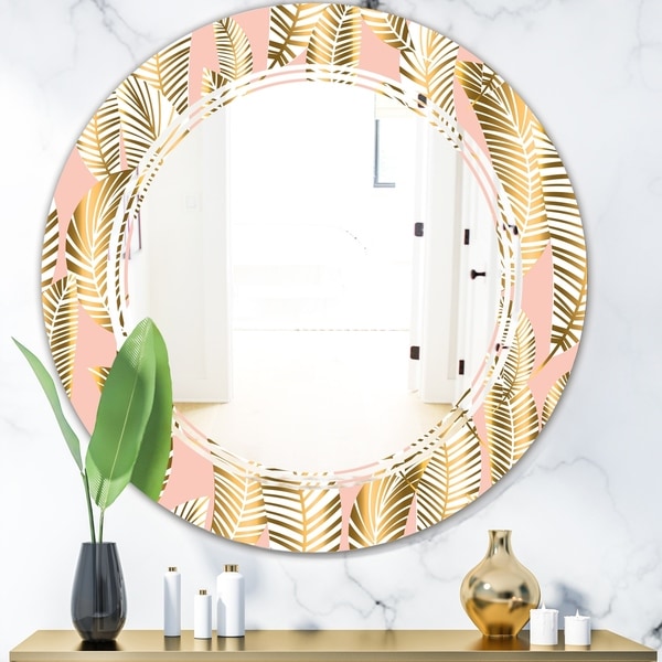 Designart 'Golden Palm Leaves I' Modern Round or Oval Wall Mirror - Triple C