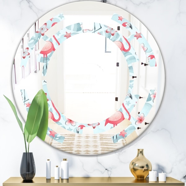Designart 'Tropical Botanicals, Flowers and Flamingo III' Modern Round or Oval Wall Mirror - Space