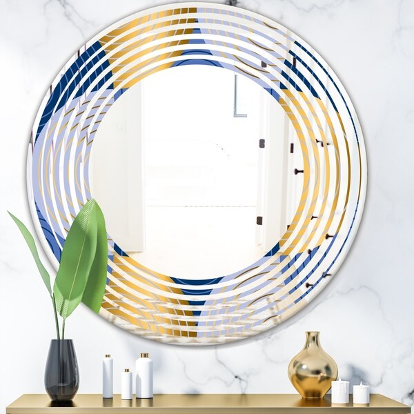 Designart 'Retro Luxury Waves In Gold and Blue X' Modern Round or Oval Wall Mirror - Wave