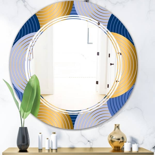 Designart 'Retro Luxury Waves In Gold and Blue X' Modern Round or Oval Wall Mirror - Triple C