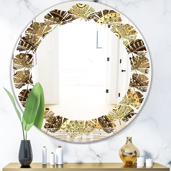 Designart 'Golden Circular Pattern I' Modern Round or Oval Wall Mirror - Leaves