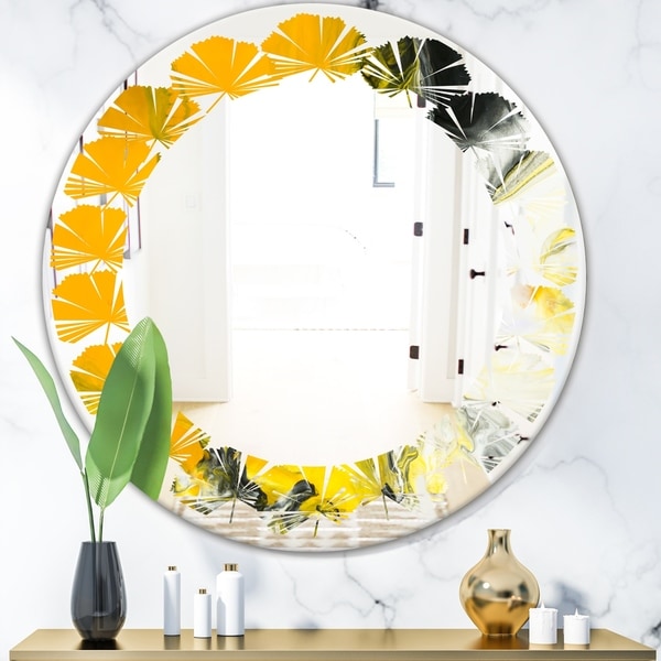Designart 'Marbled Yellow 6' Modern Round or Oval Wall Mirror - Leaves