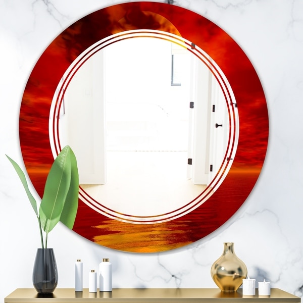 Designart 'Golden Sun Sinking in Red Waters' Modern Round or Oval Wall Mirror - Triple C