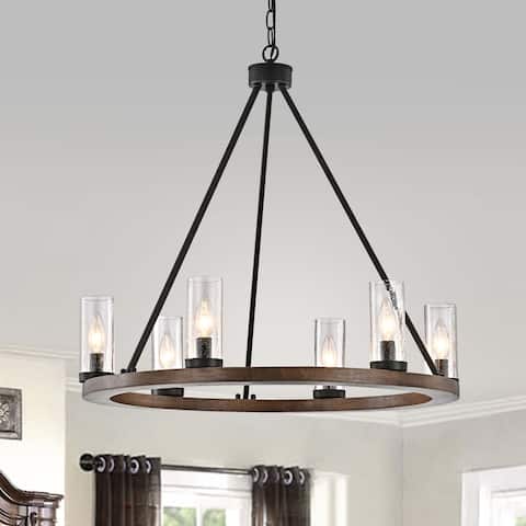 Daniela Natural Wood and Antique Black Metal Bubble Glass Chandelier