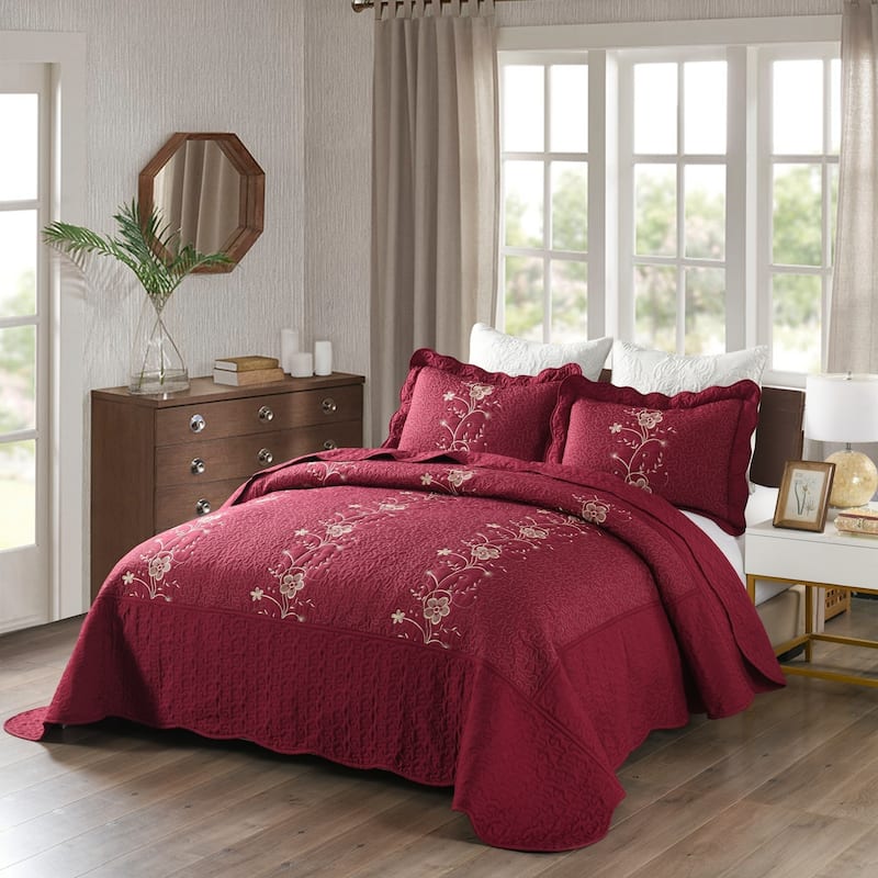 Embroidered Cotton Quilt Set - Burgundy - King
