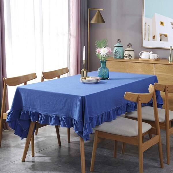 Cotton Linen Tablecloth Flounces Fabric Dust-Proof Table Cover Blue Oblong 55" x 102"