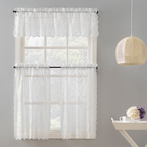 No. 918 Ariella Floral Lace Rod Pocket Kitchen Curtain Valance and Tiers Set