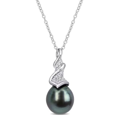 Miadora Sterling Silver Tahitian Cultured Pearl and 1/10ct TDW Diamond Crossover Necklace (9-9.5 MM)