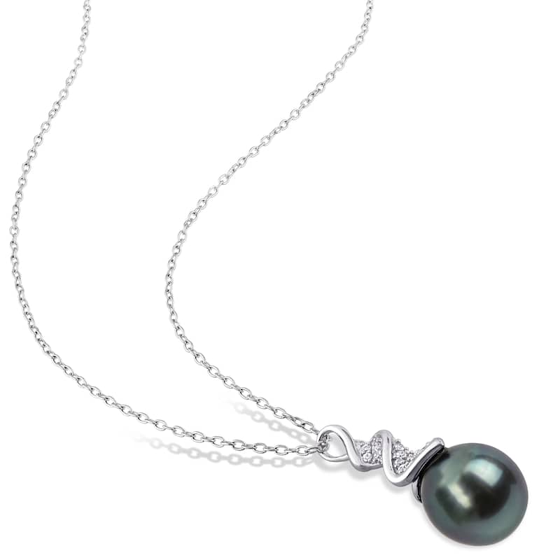 Miadora Sterling Silver Tahitian Cultured Pearl and 1/10ct TDW Diamond Crossover Necklace (9-9.5 MM)