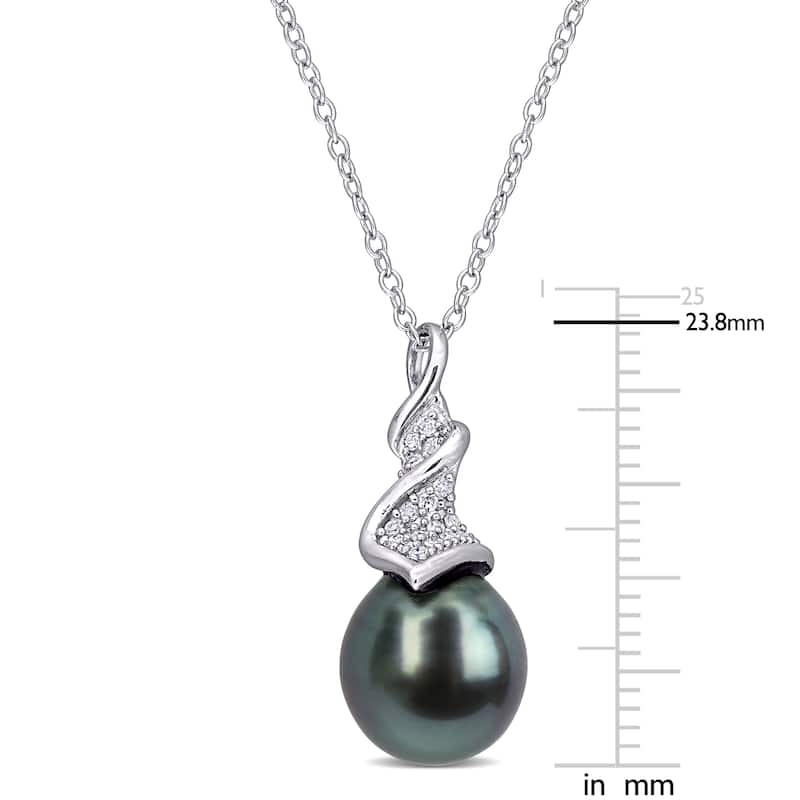 Miadora Sterling Silver Tahitian Cultured Pearl and 1/10ct TDW Diamond Crossover Necklace (9-9.5 MM)