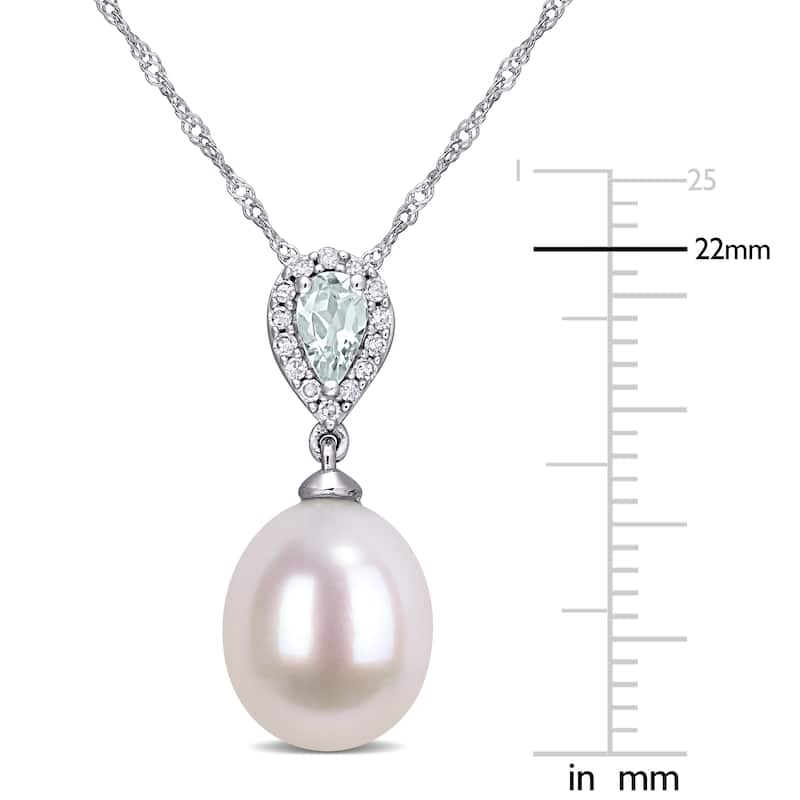 Miadora 10k White Gold Cultured Freshwater Pearl Aquamarine and Diamond Teardrop Halo Necklace (9-9.5 MM)