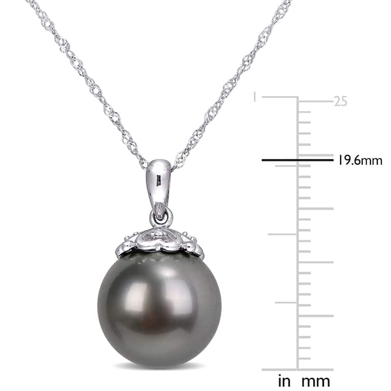 Miadora 10k White Gold Tahitian Cultured Pearl and Diamond Drop Necklace (11-12 MM)