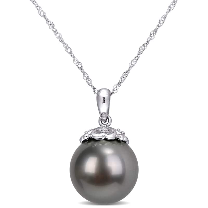 Miadora 10k White Gold Tahitian Cultured Pearl and Diamond Drop Necklace (11-12 MM)