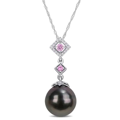 Miadora 10k White Gold Tahitian Cultured Pearl Pink Sapphire and 1/10ct TDW Diamond Necklace (11-12 MM)