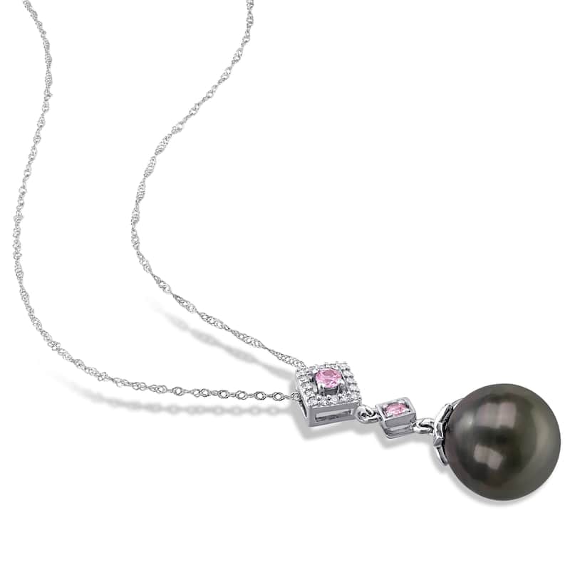 Miadora 10k White Gold Tahitian Cultured Pearl Pink Sapphire and 1/10ct TDW Diamond Necklace (11-12 MM)