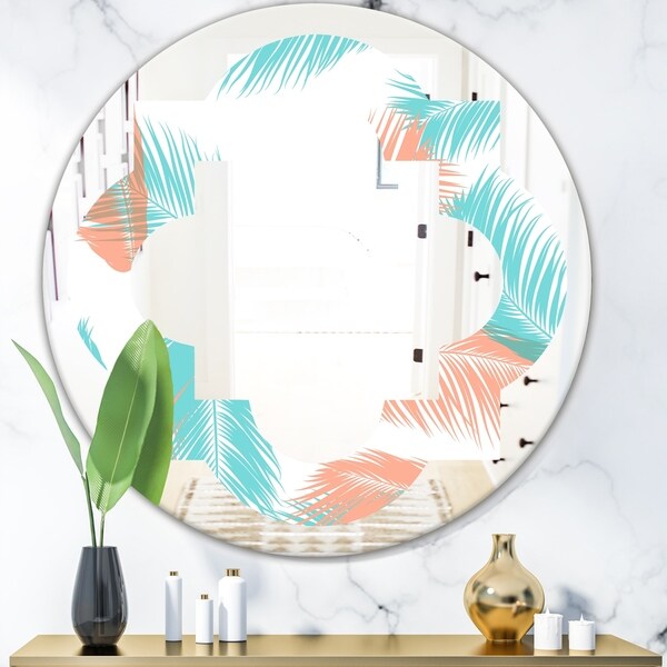 Designart 'Retro Tropical Foliage II' Modern Round or Oval Wall Mirror - Quatrefoil - Multi