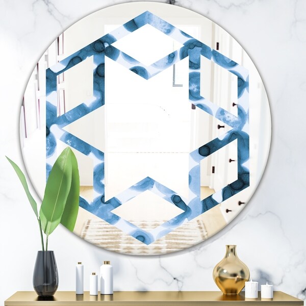 Designart 'Indigo watercolor geometrical VI' Modern Round or Oval Wall Mirror - Hexagon Star