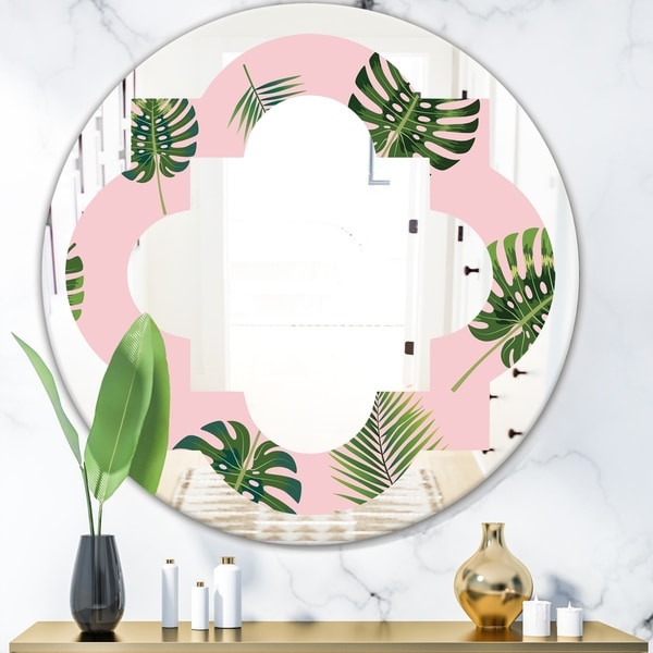 Designart 'Palm Tropical leaves pattern.' Modern Round or Oval Wall Mirror - Quatrefoil