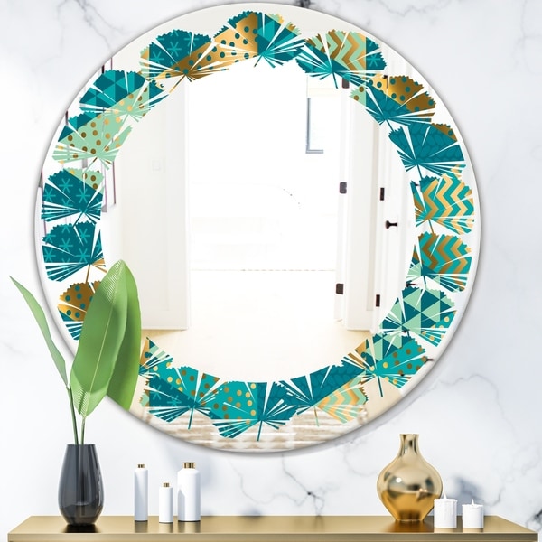 Designart 'Gold and Blue Dynamics I' Modern Round or Oval Wall Mirror - Leaves