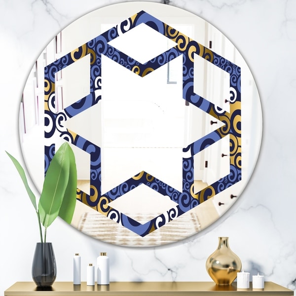 Designart 'Retro Luxury Waves In Gold and Blue III' Modern Round or Oval Wall Mirror - Hexagon Star