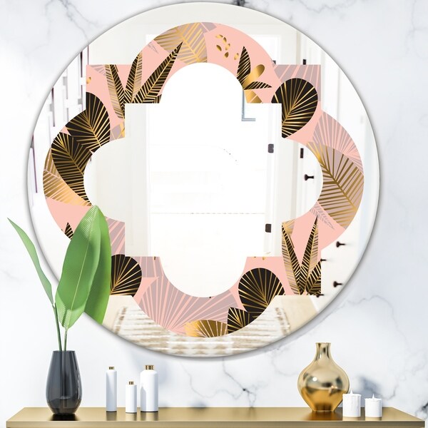 Designart 'Golden Foliage III' Modern Round or Oval Wall Mirror - Quatrefoil