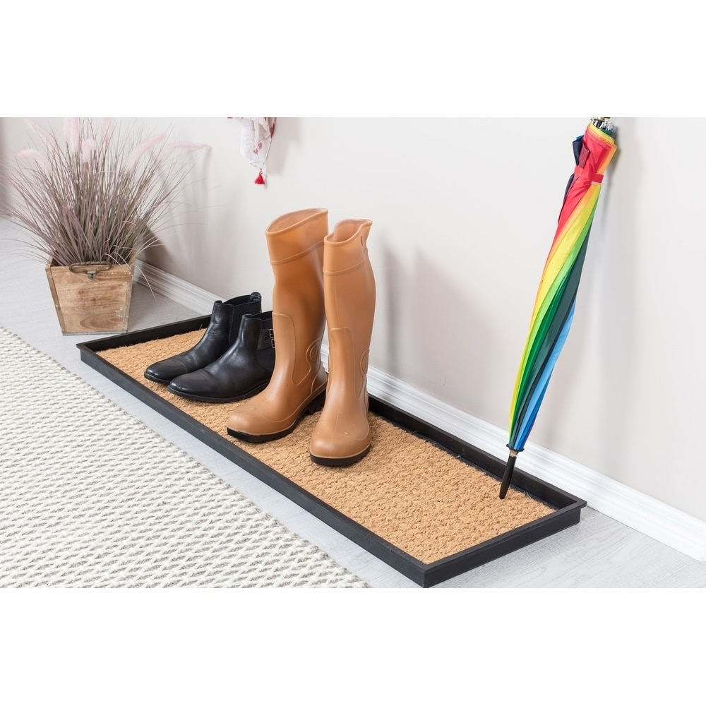 Natural & Recycled Rubber Boot Tray with Tan & Black Chevron Coir Insert, Size: 24.5 inch x 14 inch