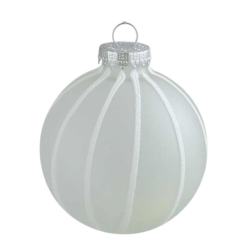 4ct Clear Frosted with White Glitter Stripes Matte Glass Ball Christmas Ornament Set 3.5" (90mm) - N/A