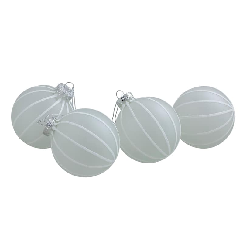 4ct Clear Frosted with White Glitter Stripes Matte Glass Ball Christmas Ornament Set 3.5" (90mm) - N/A