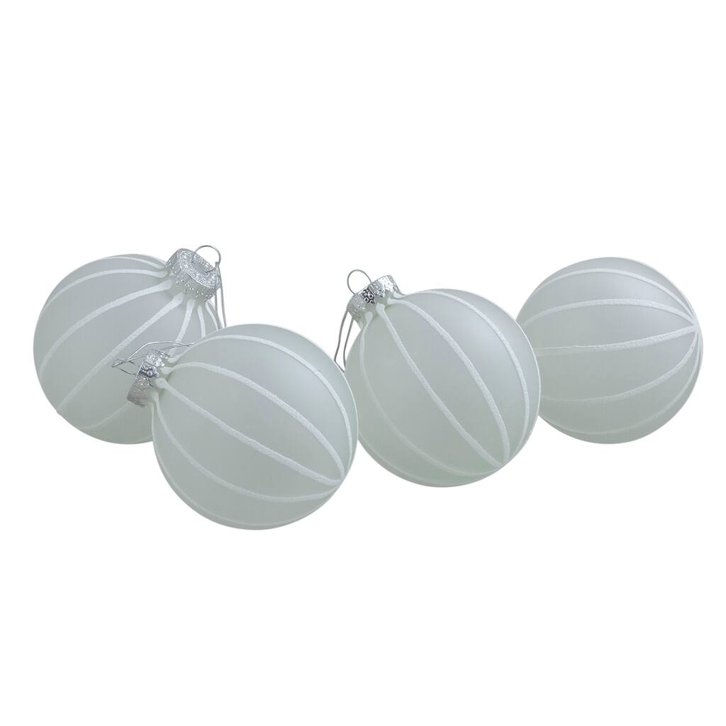 4ct Clear Frosted with White Glitter Stripes Matte Glass Ball Christmas Ornament Set 3.5" (90mm) - N/A