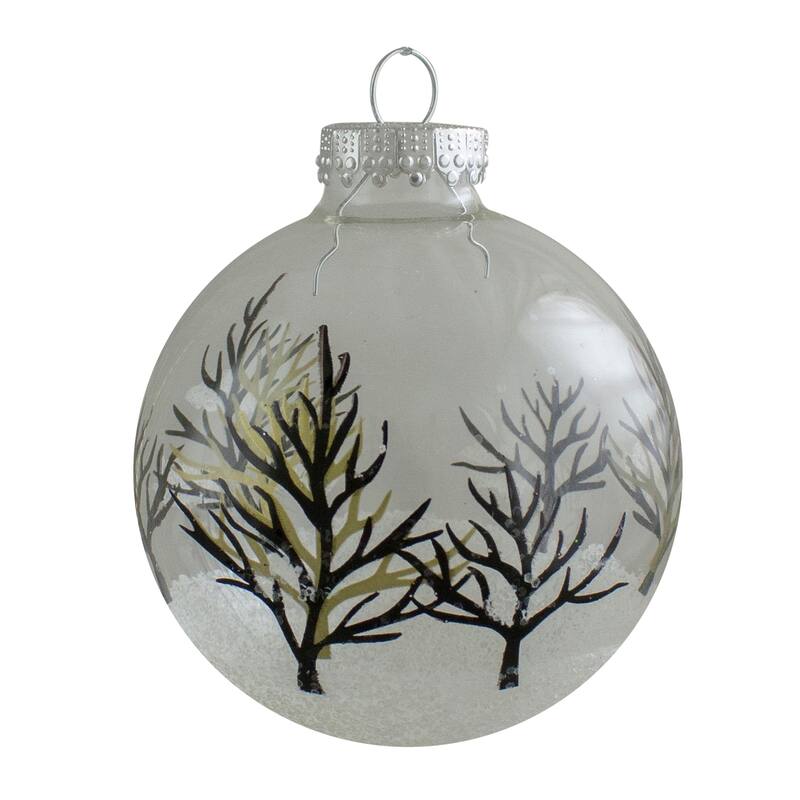 4ct Clear and Frosted Winter Tree Scene Glass Christmas Ornament Ball Set 3.25" (80mm) - N/A