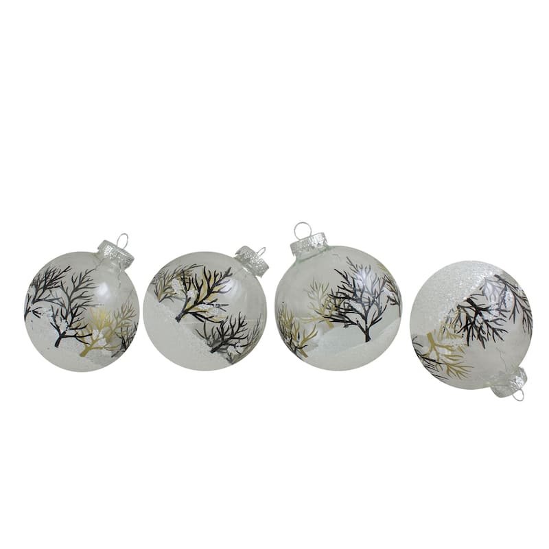 4ct Clear and Frosted Winter Tree Scene Glass Christmas Ornament Ball Set 3.25" (80mm) - N/A