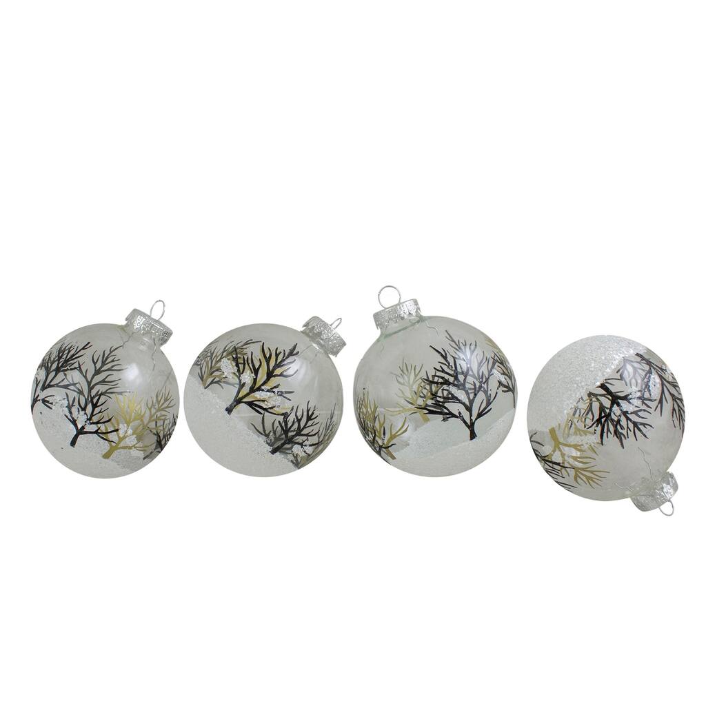 4ct Clear and Frosted Winter Tree Scene Glass Christmas Ornament Ball Set 3.25" (80mm) - N/A