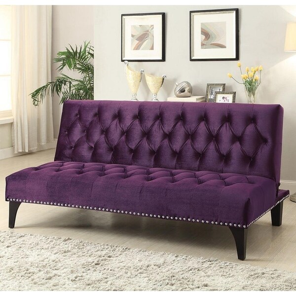 Shop Alamo Button Tufted Purple Velvet Convertible Sofa with Nailhead