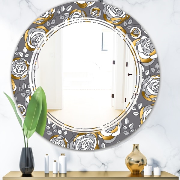 Designart 'Golden Rose Flowers' Modern Round or Oval Wall Mirror - Triple C