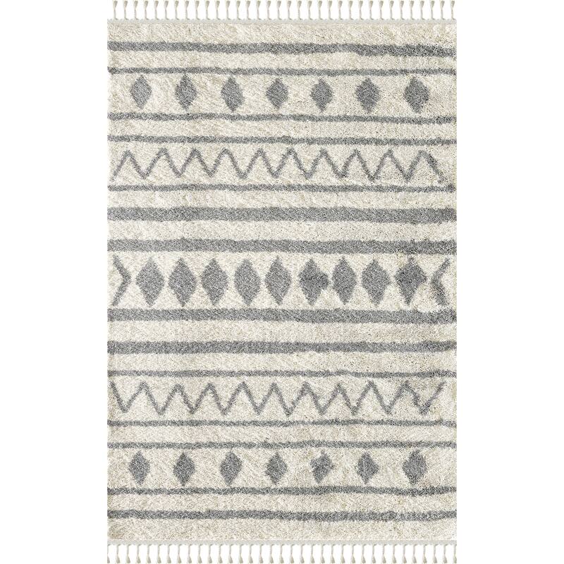 Abani Willow Tribal Rectangle Moroccan Nomadic Ivory Area Rug - 6' x 9' - Grey/Ivory