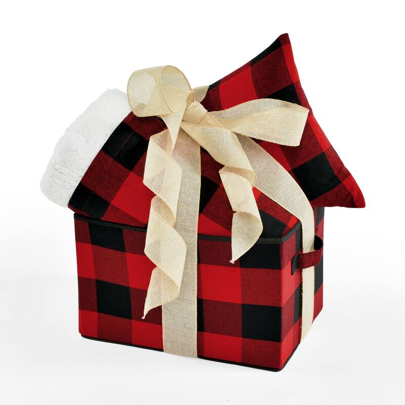 Lush Decor Woven Buffalo Check Box-Throw-Dec Pillow 3 Piece Gift Set - Black/Red