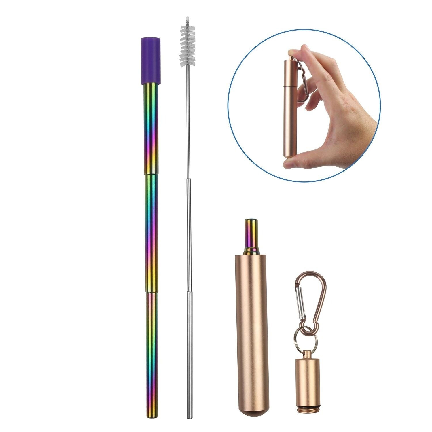 Collapsible Reusable Stainless-Steel Drinking Straw with Silicone Tip, Colored Straw / Purple