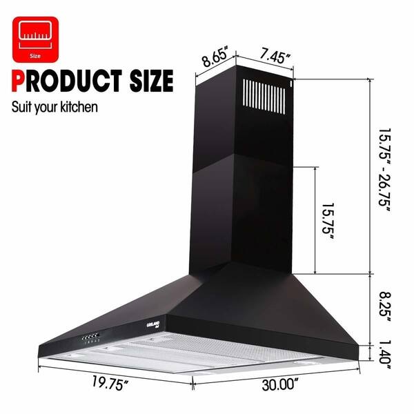 GASLAND Chef SR30BP 30 Inch Slim Range Hood Push Button Control Black Aluminum Filter 3 Speed 300CFM with 2 LED Lights 30 Range Hood