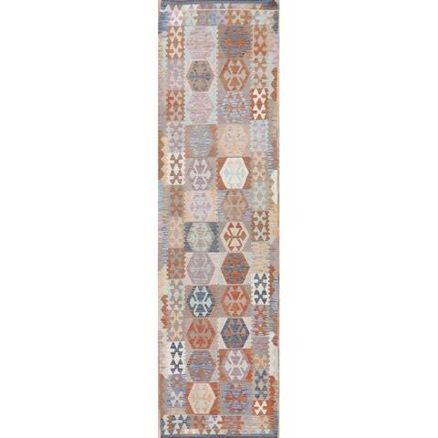 Hand-Woven Turkish Kilim All-Over Geometric Runner Rug Wool Carpet - 2'8" x 10'0" Runner