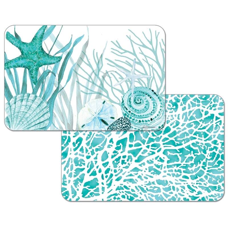Reversible Wipe-clean Plastic Placemats Set of 4 - Coral Life
