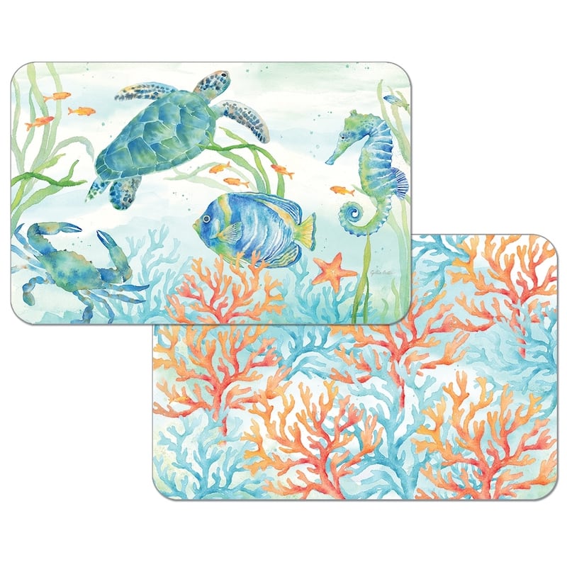 Reversible Wipe-clean Plastic Placemats Set of 4 - Sea Life Serenade