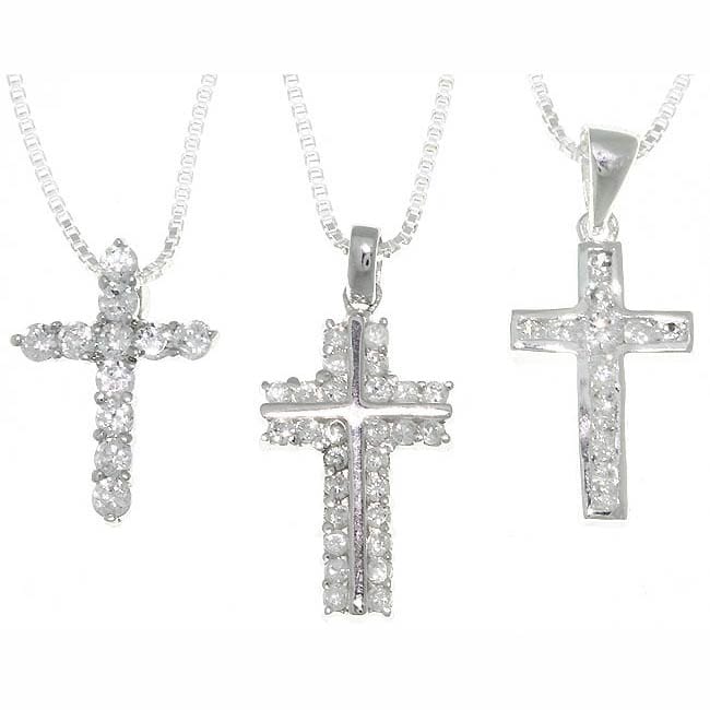   Silver Cubic Zirconia Cross Necklaces (Case of 3)  