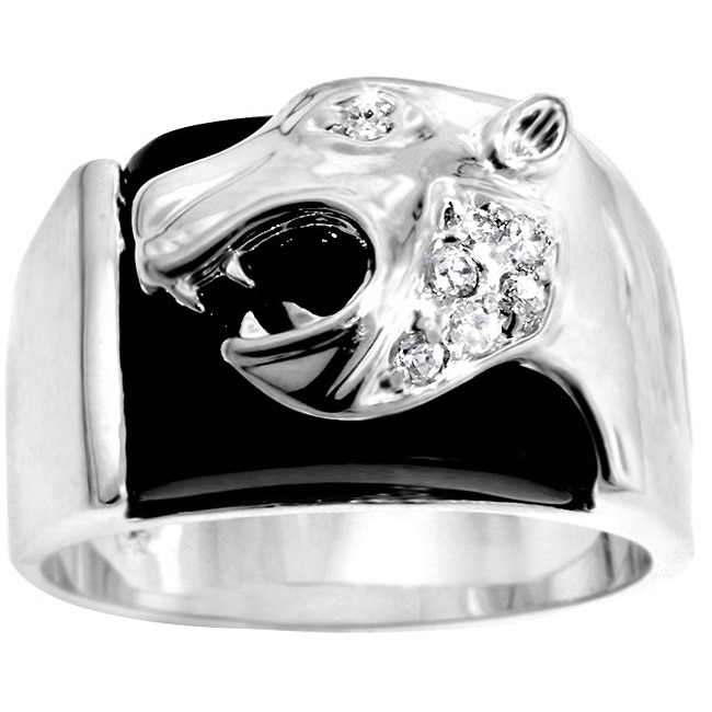 Mens Silvertone Jaguar Onyx Ring  