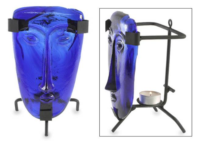 Deep Turquoise Crystal Glass Candleholder (Mexico)