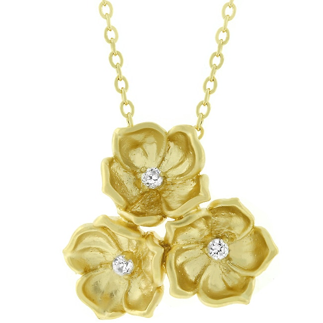 Matte Goldtone Three flower CZ Necklace  